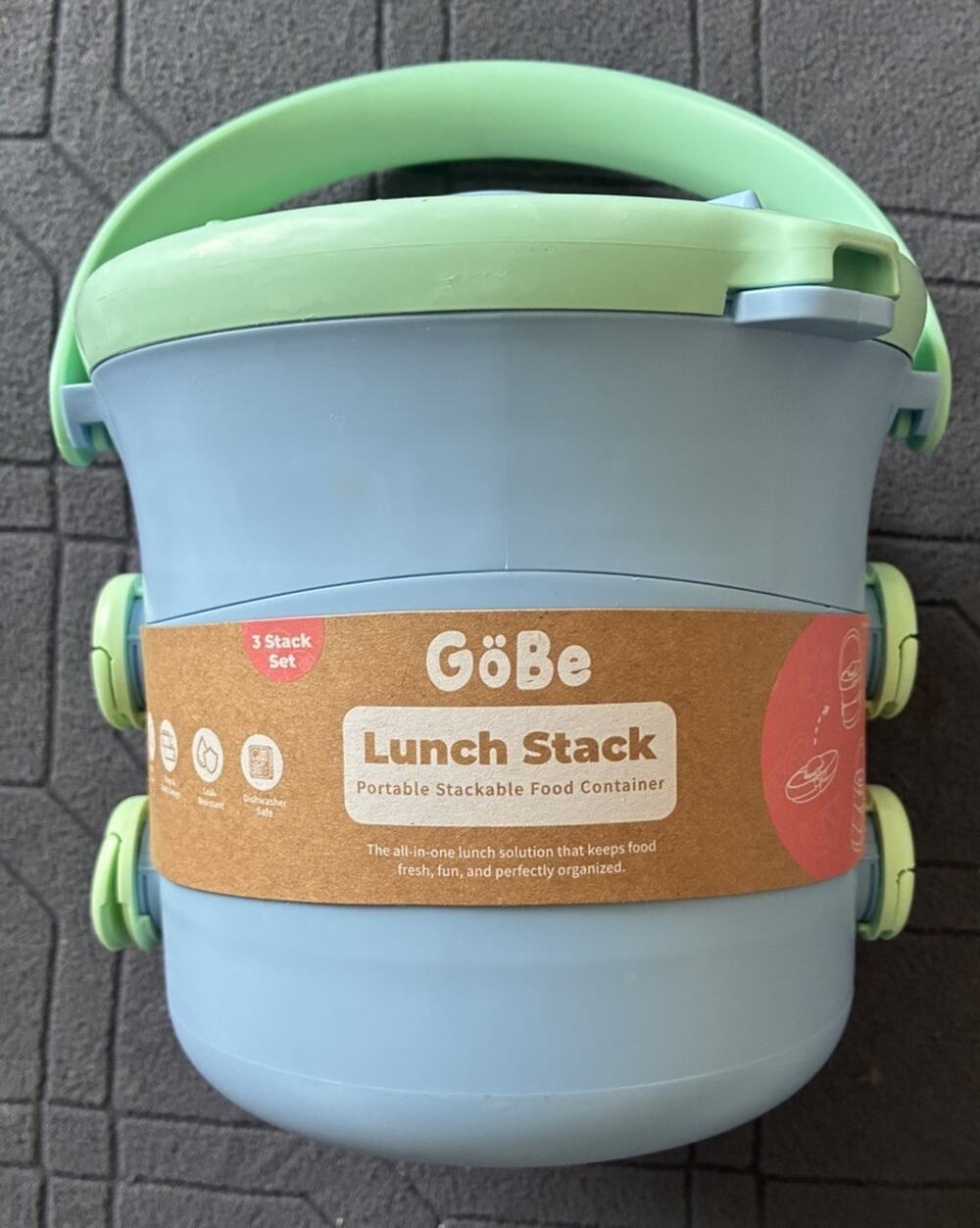GoBe Lunch Stack 3-Stack Lunch Container Set BPA-Free Handle Blue/Green